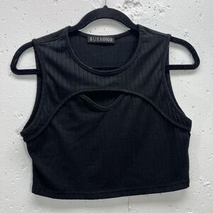 Sukkono Women's Medium Black Ribbed‎ Knit Crop Top Peephole Sleeveless Shirt